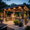 Modern BBQ gazebo with outdoor kitchen, dining area, pergola, and warm ambient lighting in a stylish backyard