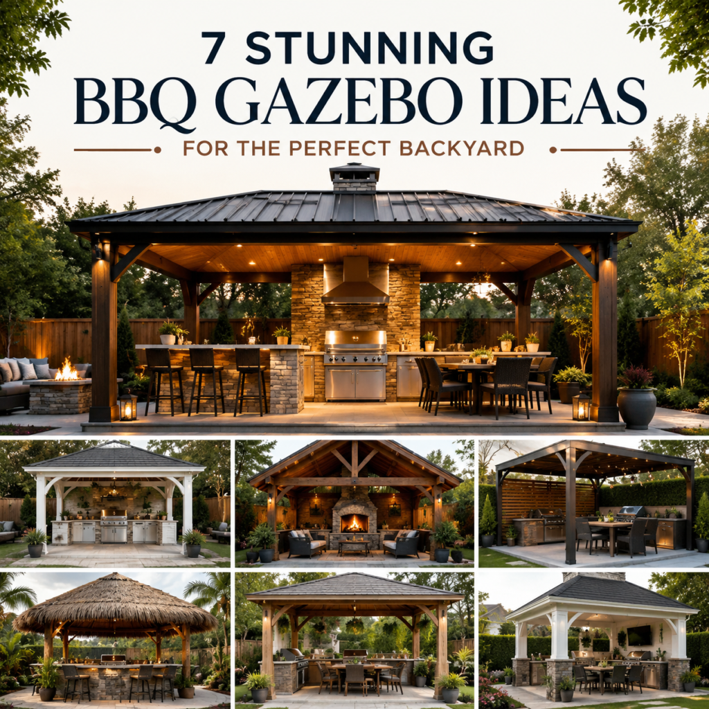 Modern BBQ gazebo with outdoor kitchen and dining area in a stylish backyard setting