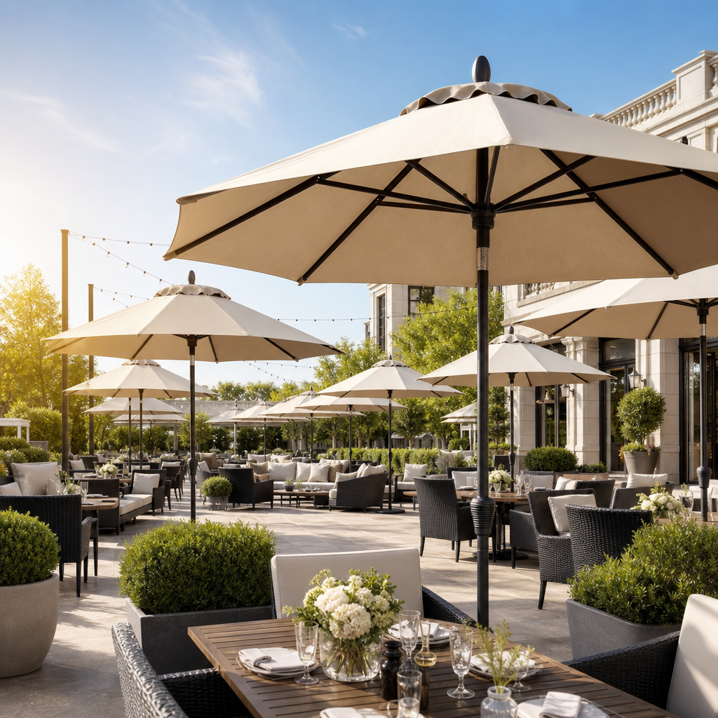 Outdoor restaurant patio with large umbrellas and modern seating under a clear sky