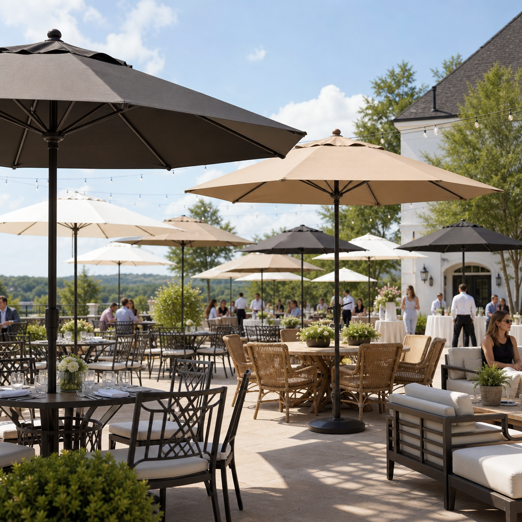Sunny outdoor restaurant patio with seating shaded by large umbrellas