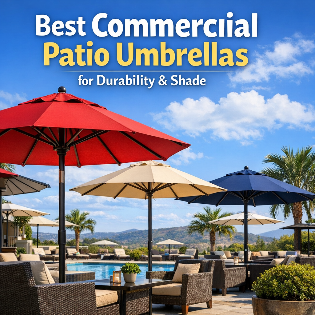 Commercial patio umbrellas in red, beige, and blue shading poolside seating area