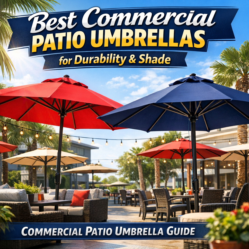 Commercial patio umbrellas shading outdoor seating in a restaurant patio area
