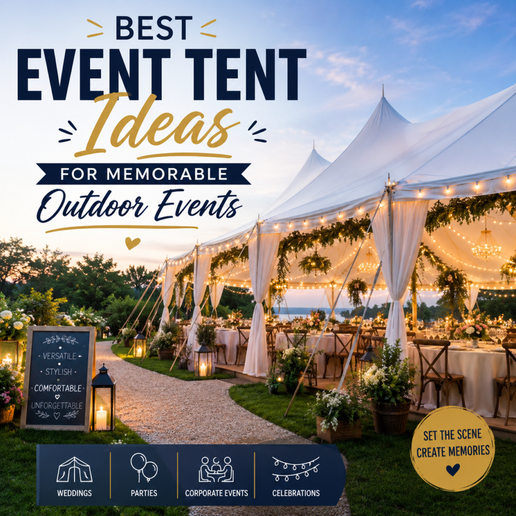 Elegant event tent with lights and greenery for weddings and outdoor celebrations