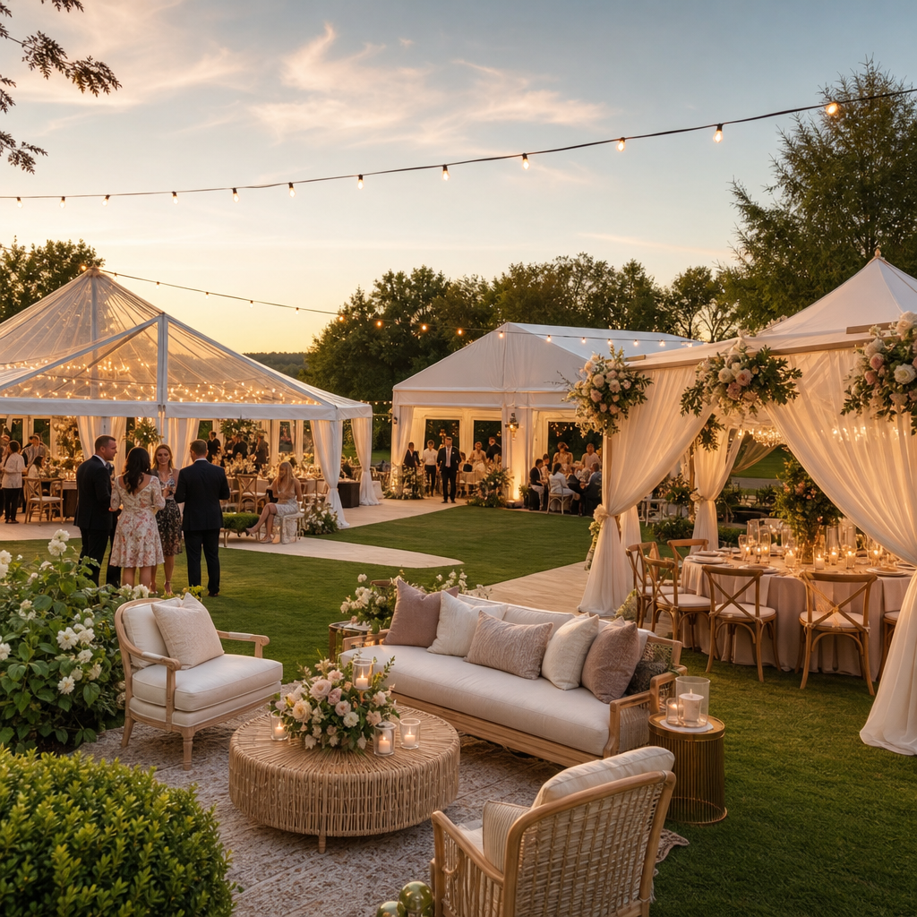 Elegant outdoor wedding reception with event tents, string lights, and floral decor at sunset