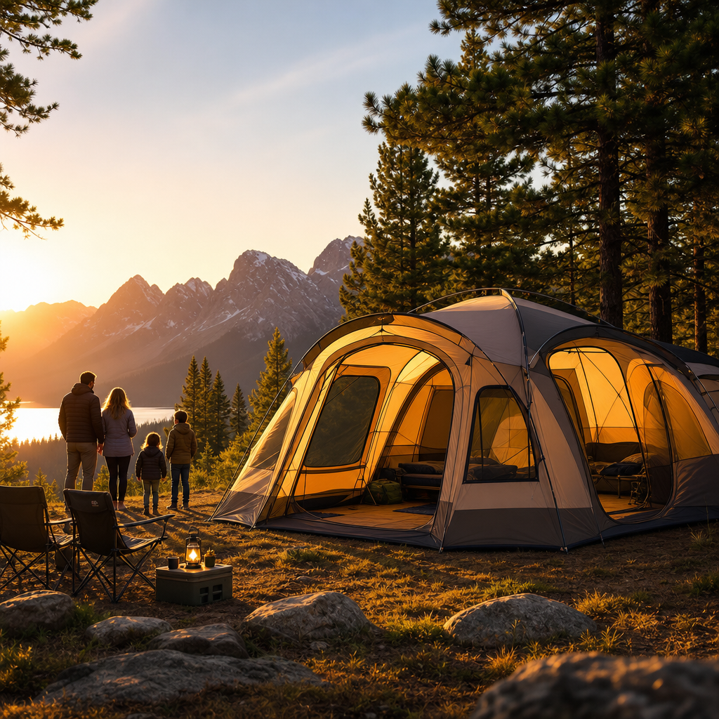 Family camping at sunset beside a large tent with mountain forest and lake views