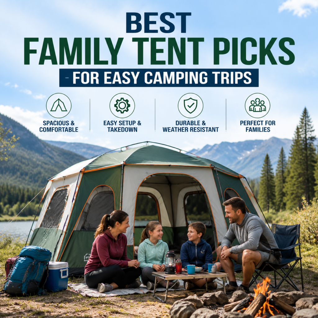 Family tent pitched at a campsite with a family nearby, showing easy camping for a comfortable trip