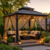 Cozy garden gazebo with mosquito netting, string lights, and comfy seating for bug-free relaxation