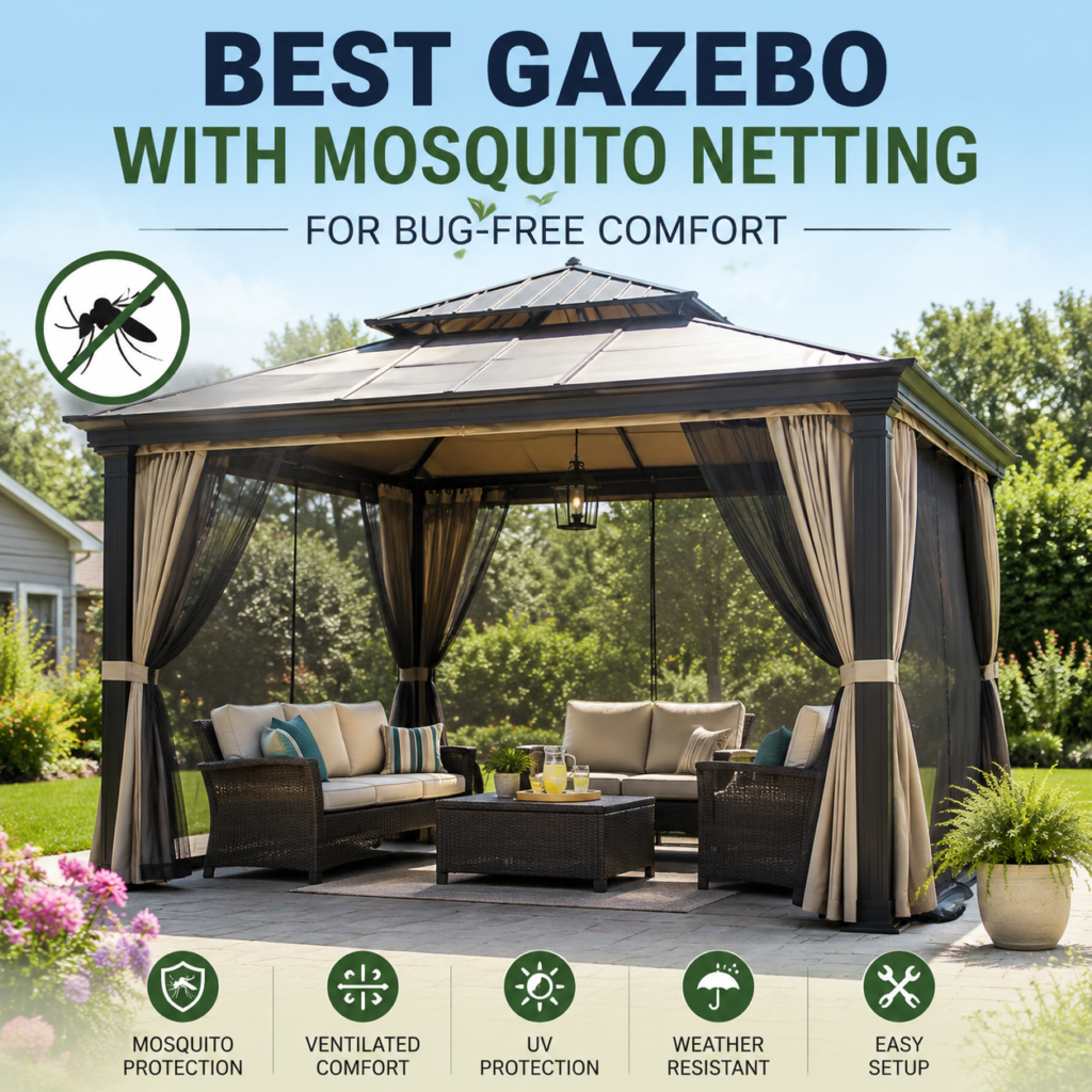 Gazebo with mosquito netting enclosing an outdoor seating area for bug-free comfort