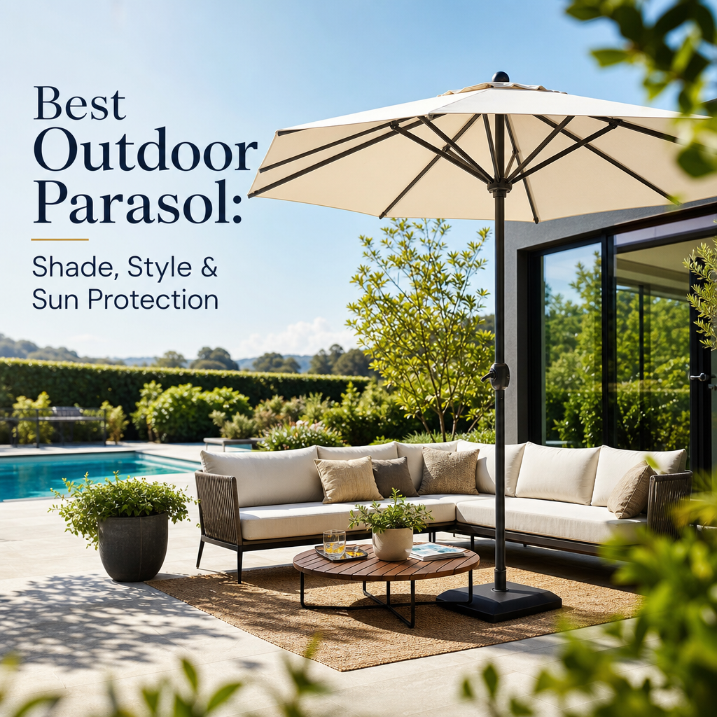 Modern patio with a stylish outdoor parasol providing shade and sun protection