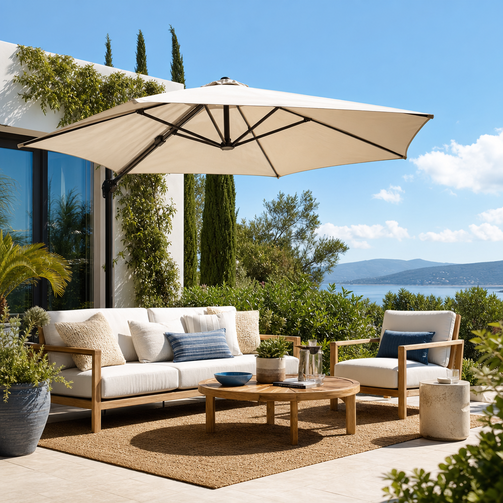 Modern patio furniture with a large outdoor parasol overlooking a scenic coastal view