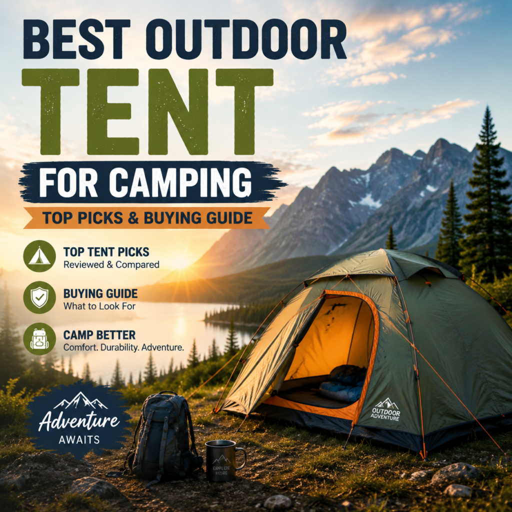 Outdoor tent set up at a campsite with camping gear, showing a durable shelter for outdoor camping.