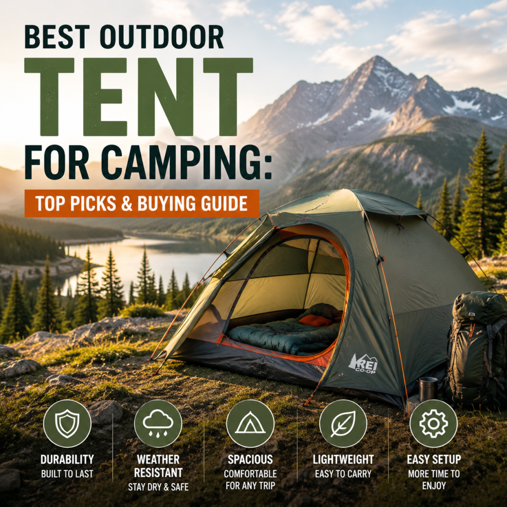 Camping tent set up outdoors near trees with guy lines and trekking poles, showing an outdoor tent for camping.