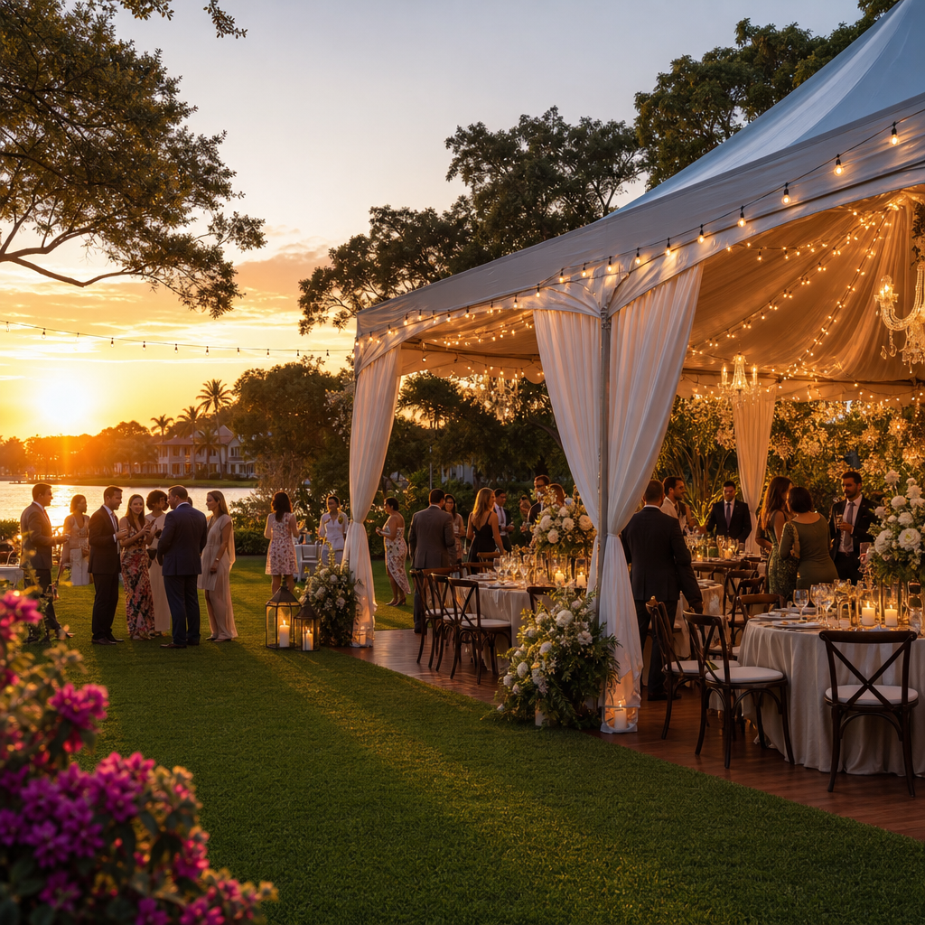 Elegant outdoor wedding reception under a decorated party tent at sunset