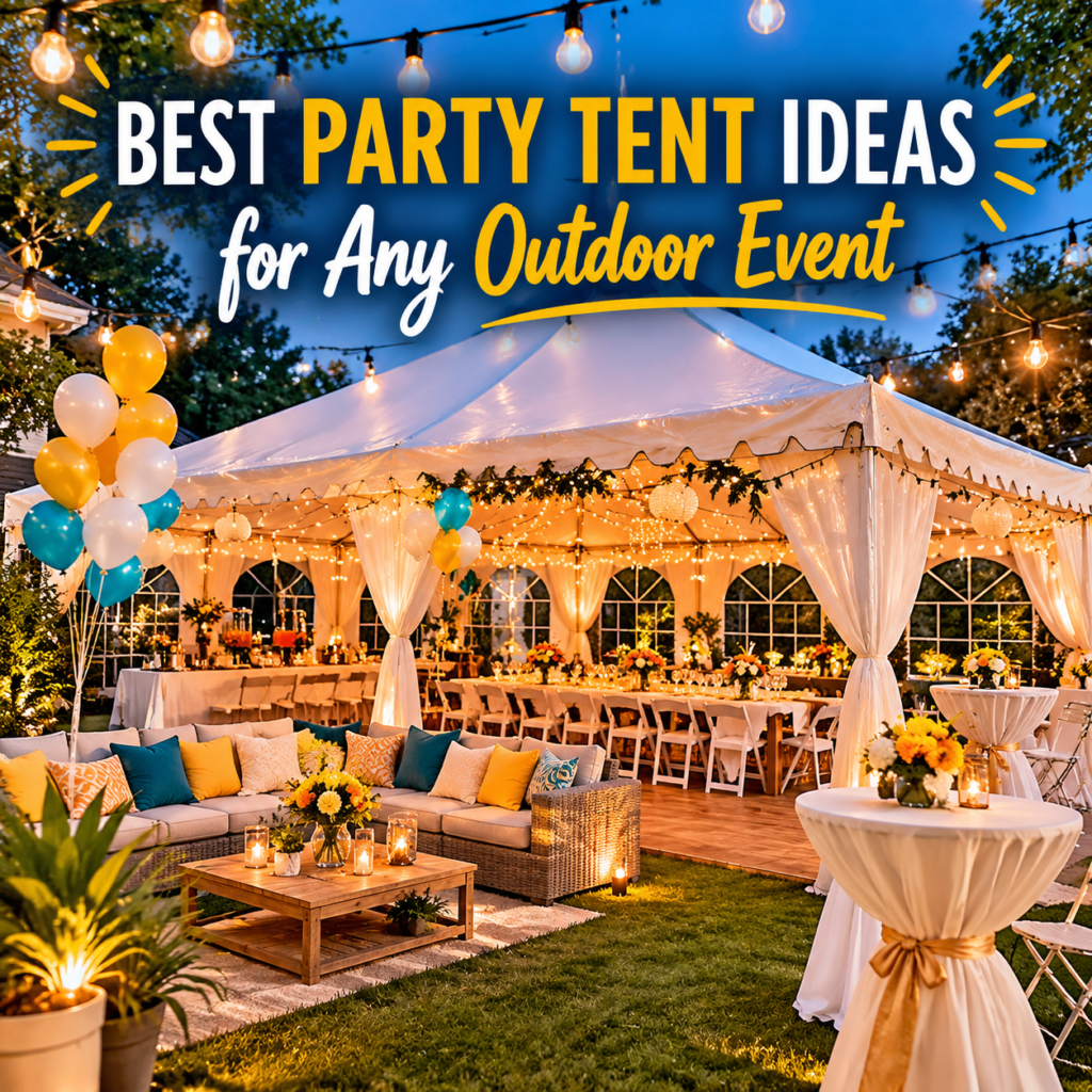Elegant party tent with festive lighting and decor for an outdoor event