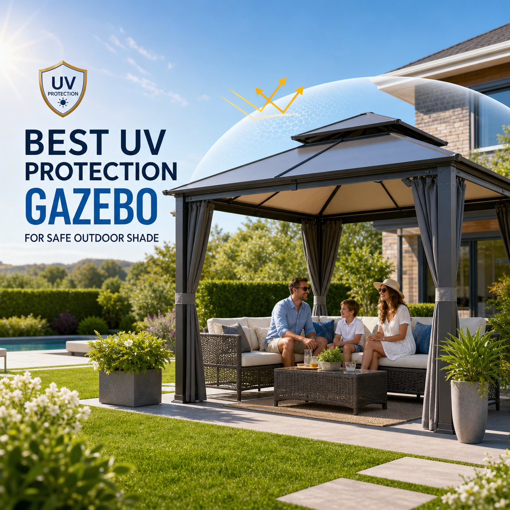UV protection gazebo providing safe outdoor shade over a patio seating area
