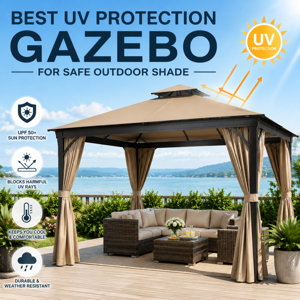 UV protection gazebo providing safe, comfortable shade in an outdoor seating area