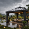 Modern waterproof outdoor gazebo with cozy seating and warm lights on a rainy evening