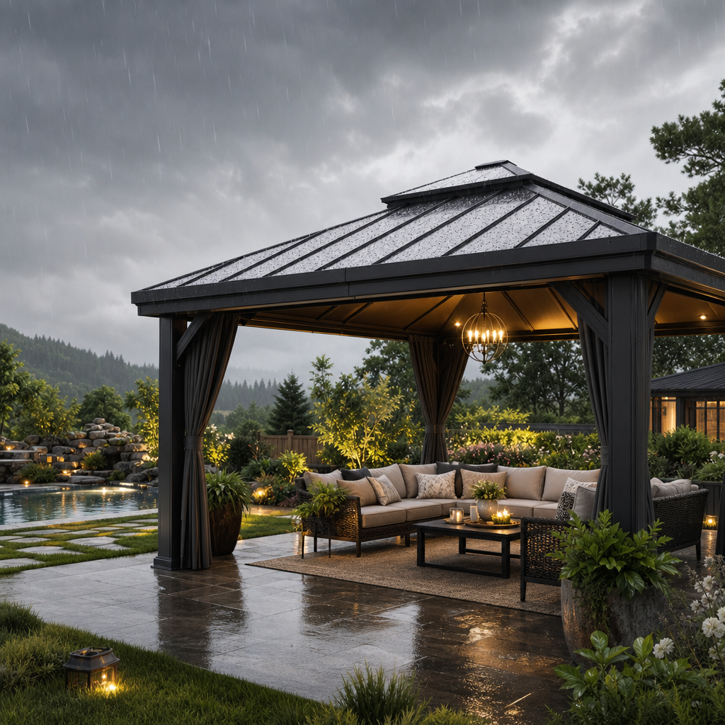 Modern waterproof outdoor gazebo with cozy seating and warm lights on a rainy evening