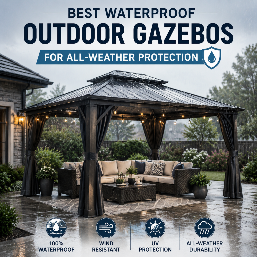 Waterproof outdoor gazebo with all-weather protection, wind resistance, and UV protection