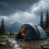 Waterproof camping tent glowing in a rainy mountain forest at night