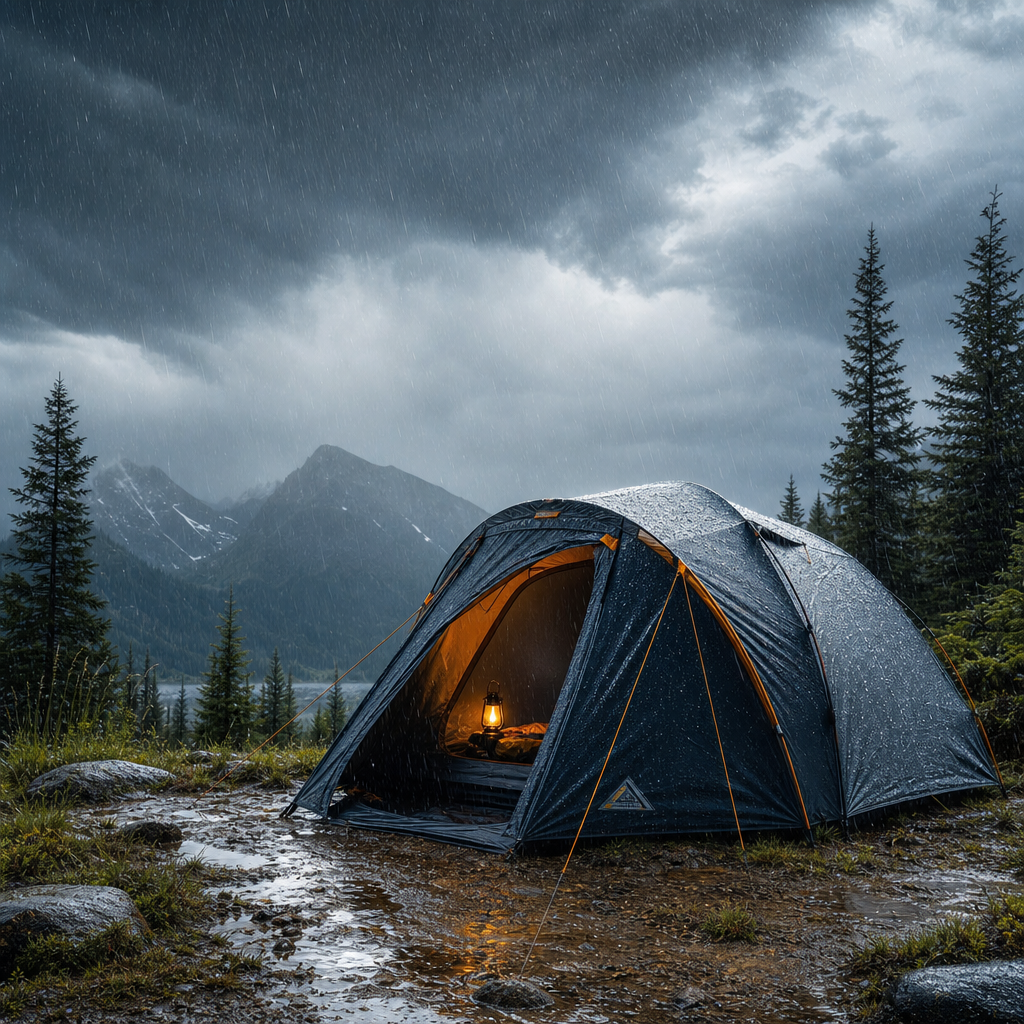 Waterproof camping tent glowing in a rainy mountain forest at night