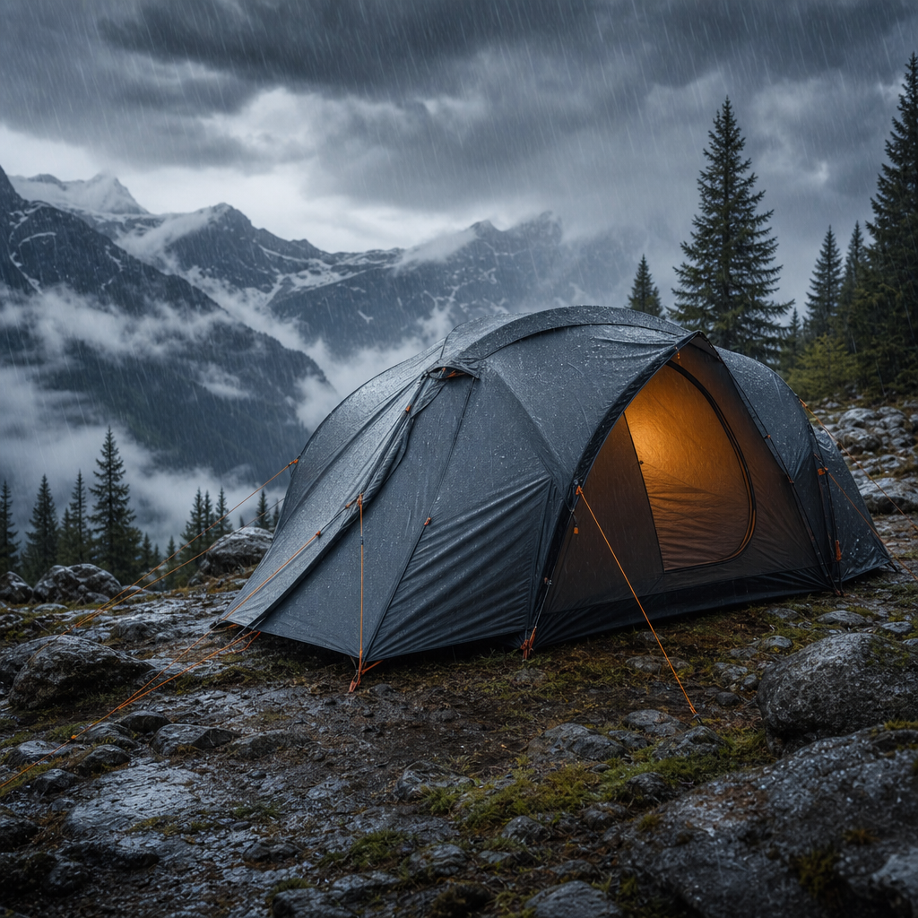 Waterproof camping tent glowing at dusk in a rainy mountain campsite