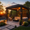 Freestanding gazebo with open sides and a pitched roof in a stylish outdoor garden setting