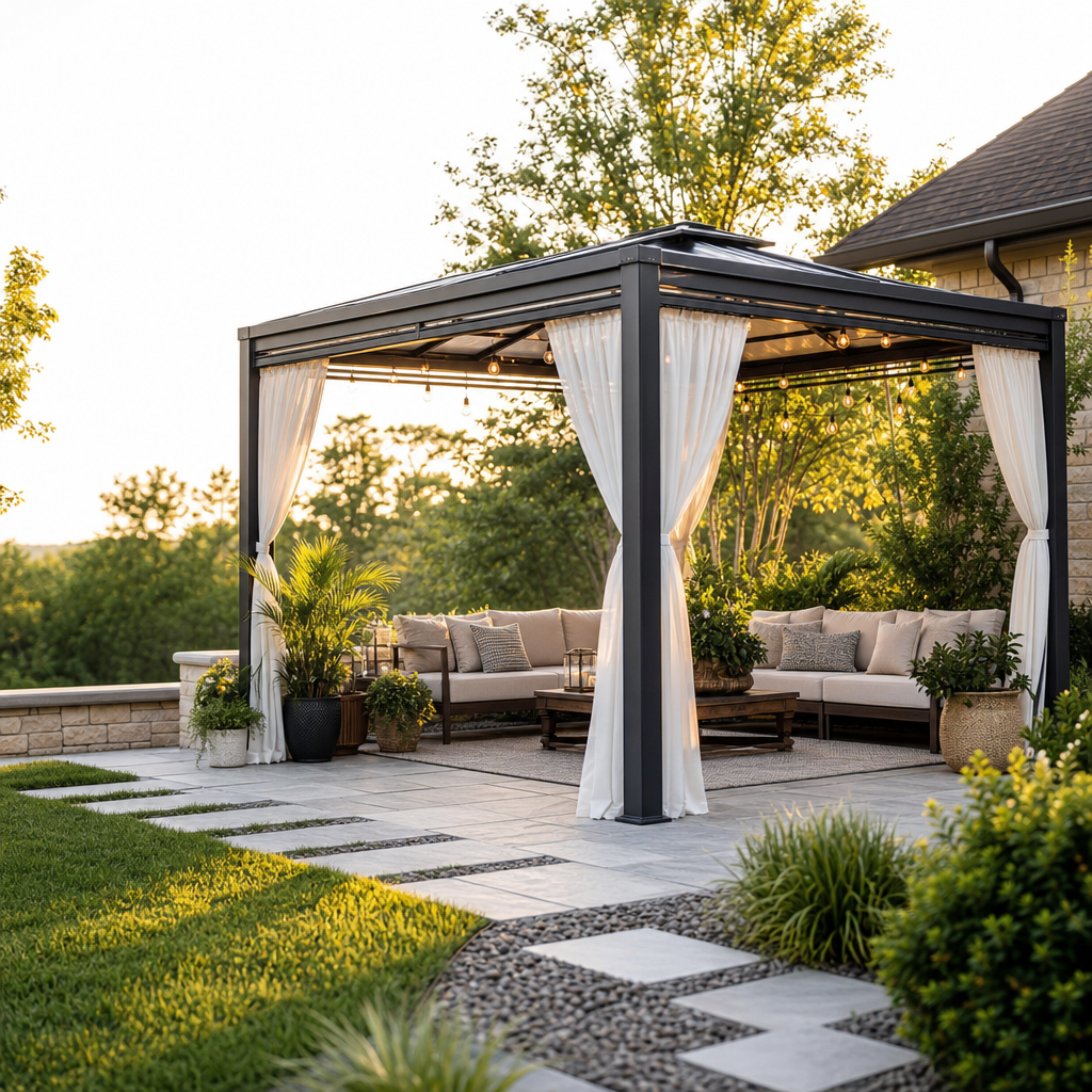 Modern backyard patio with a freestanding gazebo, cozy seating, and surrounding greenery