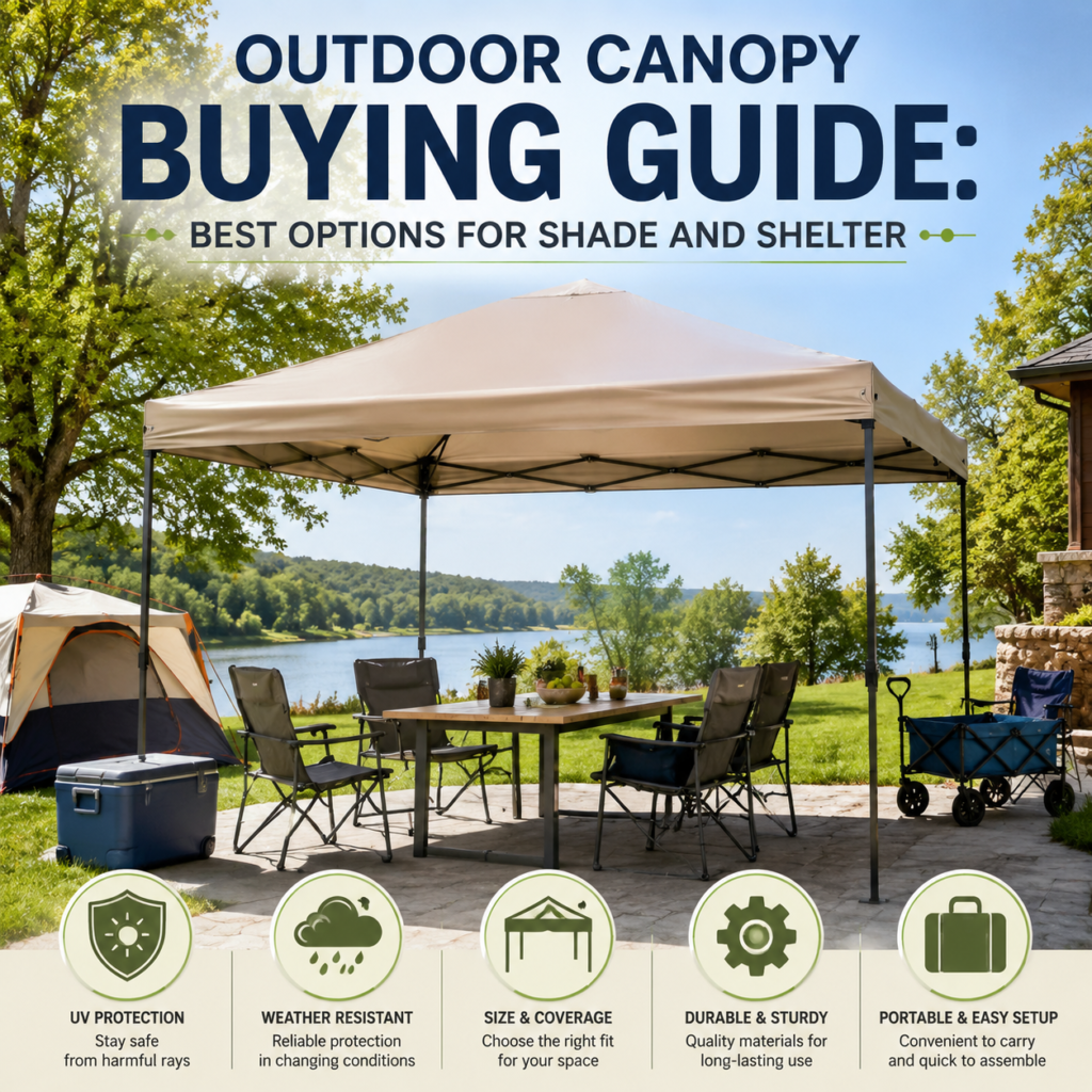 Outdoor canopy options for shade and shelter, showing durable frames and weather-resistant covers