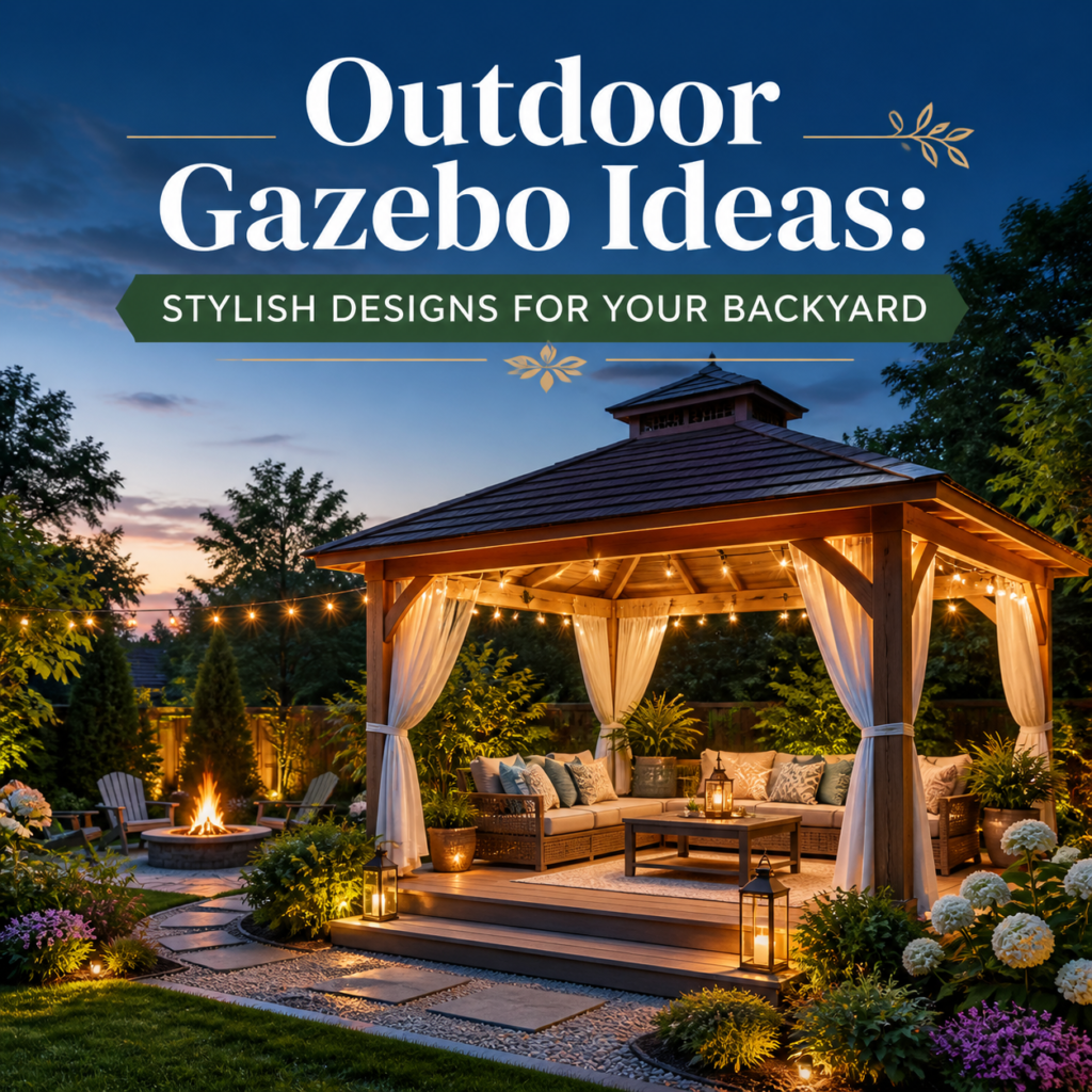 Stylish outdoor gazebo with cozy seating and ambient lighting in a backyard