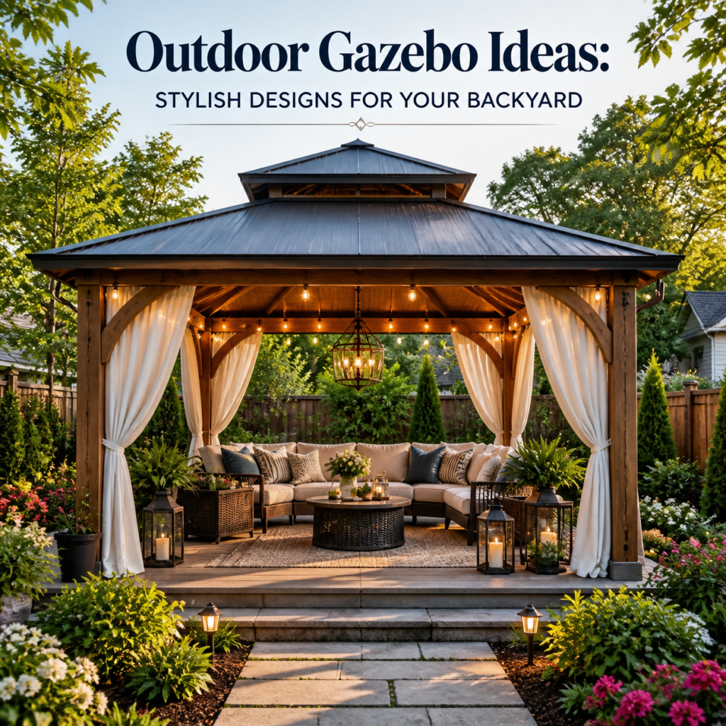 Stylish outdoor gazebo with cozy seating and elegant lighting in a backyard