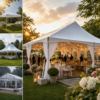 Elegant party tents in a scenic garden, set up for weddings and outdoor gatherings