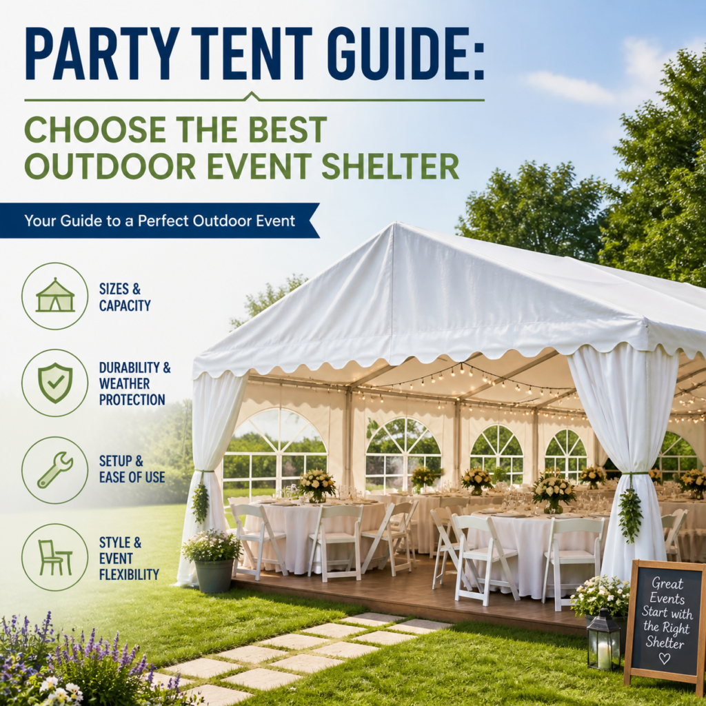 Outdoor party tent guide showing sizes, durability, setup, and style for event shelters