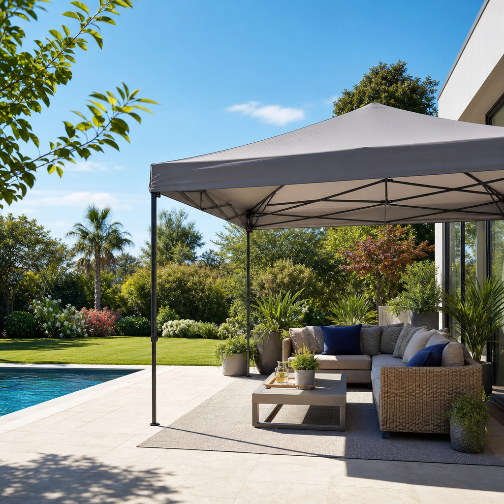 Modern patio with a quick shade canopy, lounge seating, and a pool in a lush garden.