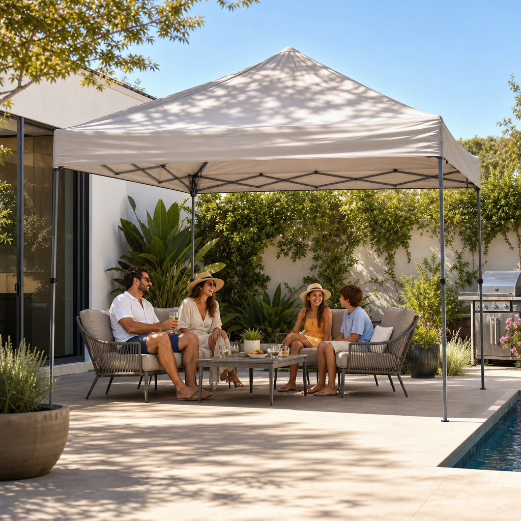 People enjoying a sunny poolside gathering under a beige quick shade canopy tent.
