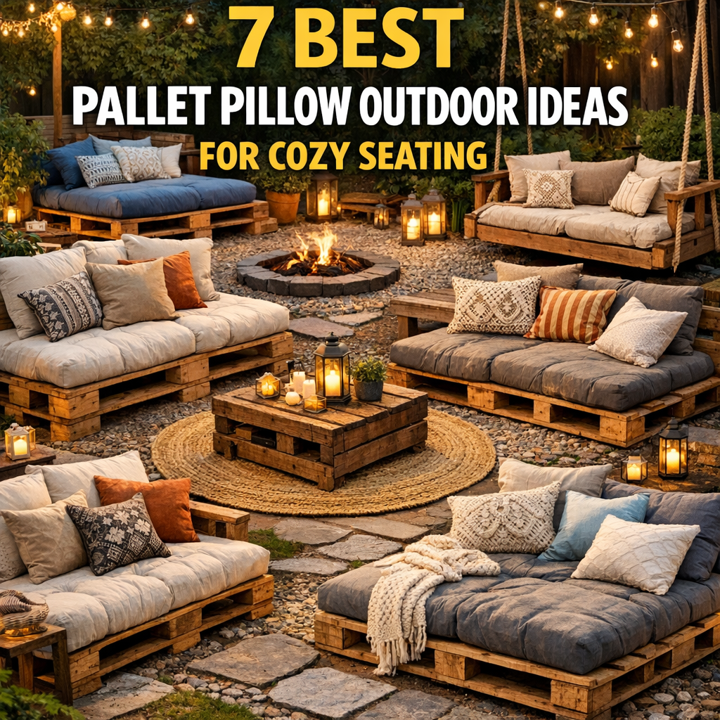 Cozy patio seating with outdoor pallet cushions on a wooden pallet sofa and colorful pillows