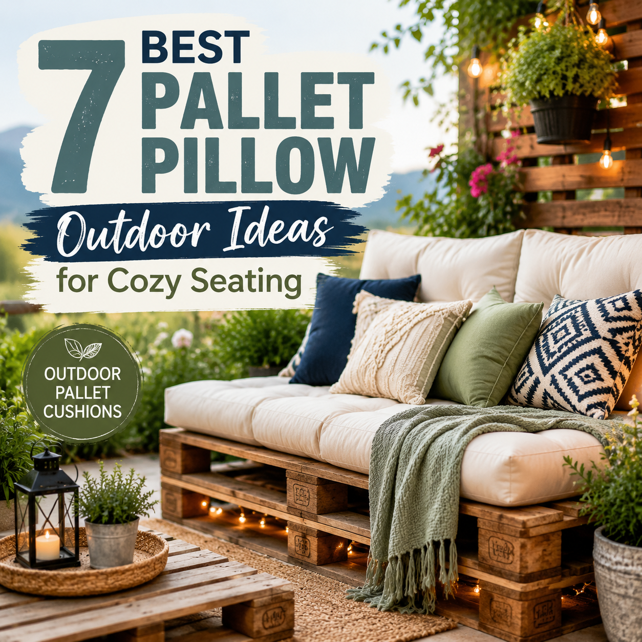 Cozy outdoor pallet seating with colorful cushions and pillows on a patio lounge set