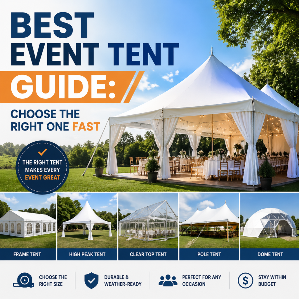Event tent guide showing frame, high peak, clear top, pole, and dome tent options for different occasions