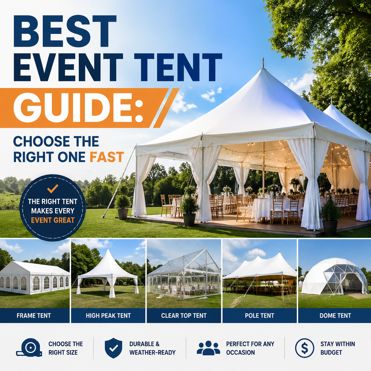 Event tent guide showing frame, high peak, clear top, pole, and dome tent options for different occasions