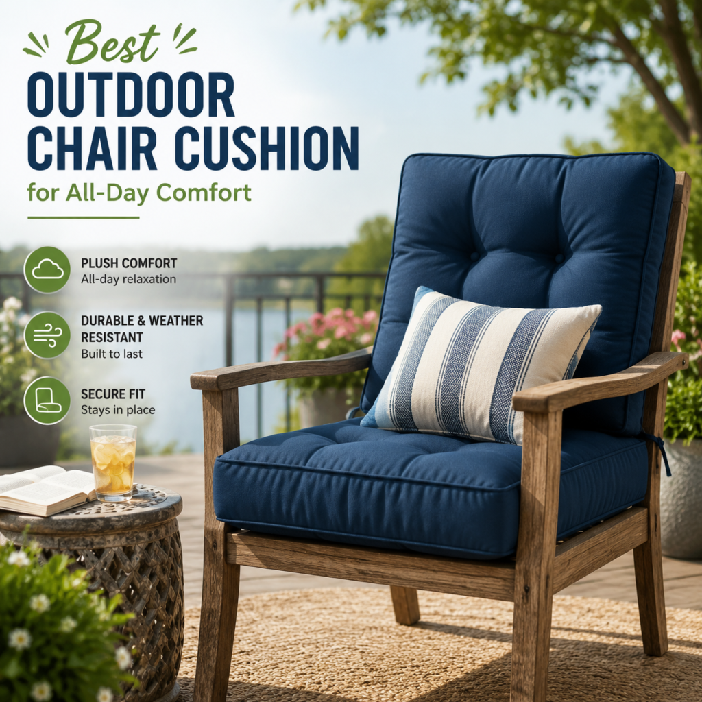 Blue outdoor chair cushion on a wooden patio chair, showing plush comfort, durability, and a secure fit