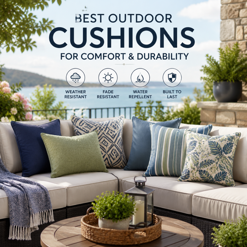Weather-resistant outdoor cushions in durable, fade-resistant, water-repellent fabrics for lasting comfort