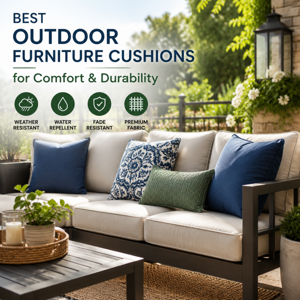 Weather-resistant outdoor furniture cushions in premium fabric for comfort, durability, and fade resistance