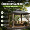 Outdoor gazebo with netting on a patio for bug-free outdoor comfort and weather protection