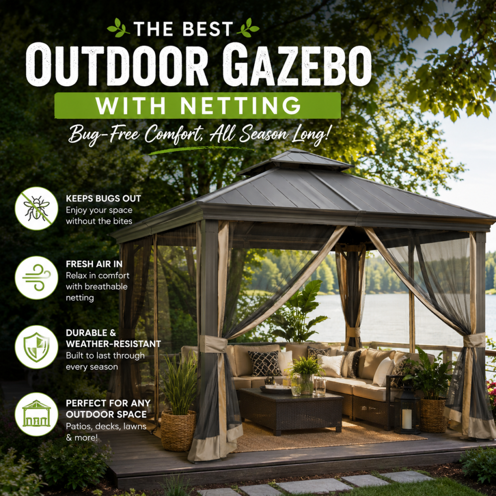 Outdoor gazebo with netting on a patio for bug-free outdoor comfort and weather protection
