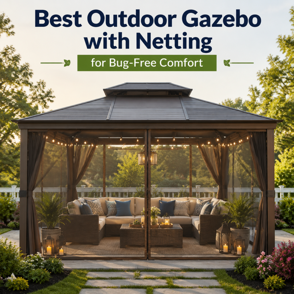 Outdoor gazebo with netting in a backyard for bug-free, stylish outdoor relaxation