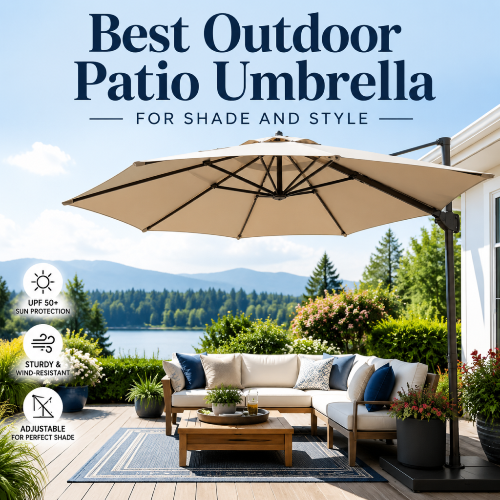 Stylish outdoor patio umbrella providing adjustable UV-protective shade for comfortable patio seating