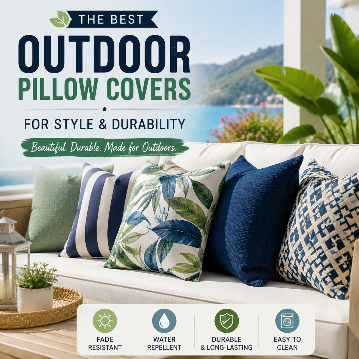 Stylish outdoor pillow covers on patio seating, fade-resistant, water-repellent, and easy to clean