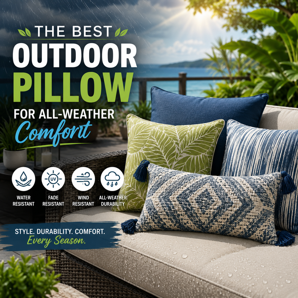 Outdoor pillow on patio chair, shown for all-weather comfort with water, fade, wind, and durable features