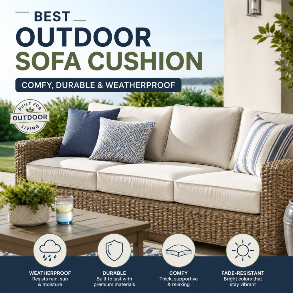 Weatherproof outdoor sofa cushion on patio furniture, showing comfort, durability, and fade resistance
