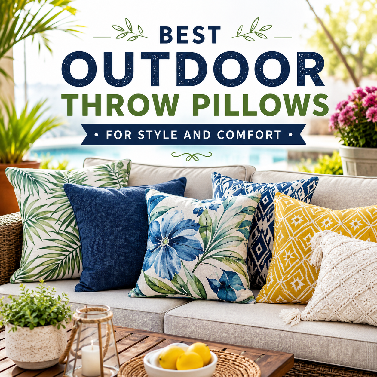 Colorful outdoor throw pillows on a patio sofa, adding comfort and style to an outdoor seating area